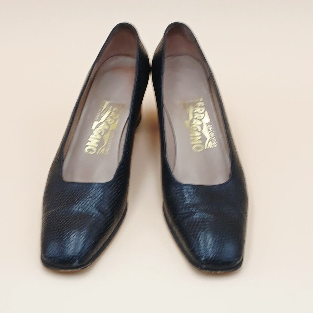 Salvatore Ferragamo Snake Embossed Low Heel Almond Toe Black Pumps Size 6.5 AA